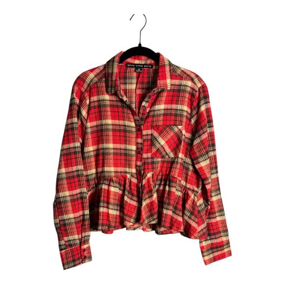 Hyfve Red Plaid Flannel Button Front Blouse With Peplum Design Size Small - Picture 1 of 7
